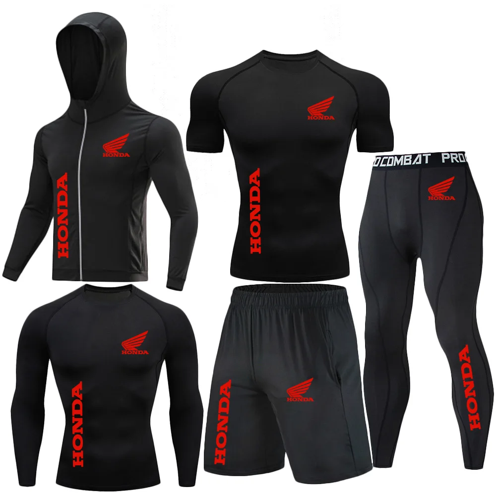 Honda Red Wing Logo Compression Sports Five-Piece Set Men's Gym Tight-Fitting Set Training Breathable Set, Sports Set Men's Coat
