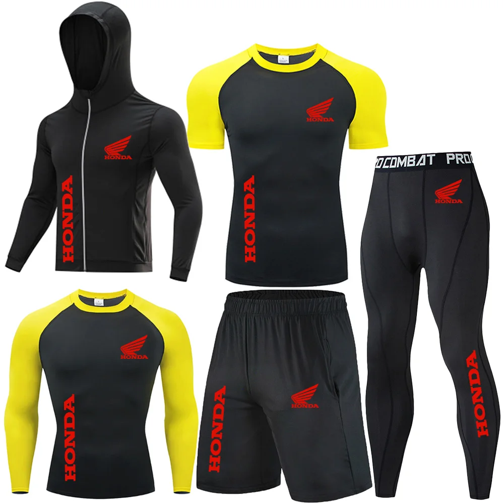Honda Red Wing Logo Compression Sports Five-Piece Set Men's Gym Tight-Fitting Set Training Breathable Set, Sports Set Men's Coat
