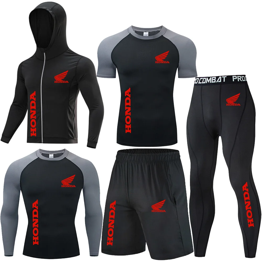 Honda Red Wing Logo Compression Sports Five-Piece Set Men's Gym Tight-Fitting Set Training Breathable Set, Sports Set Men's Coat