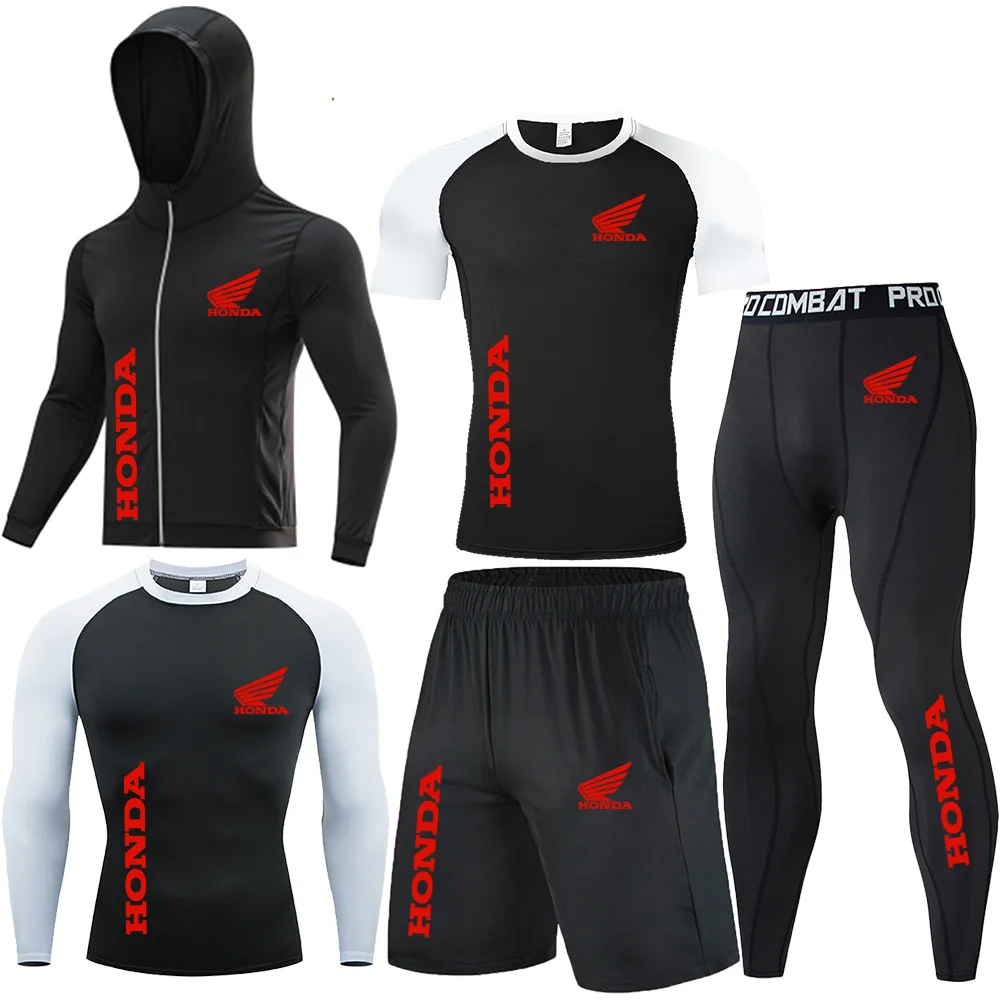 Honda Red Wing Logo Compression Sports Five-Piece Set Men's Gym Tight-Fitting Set Training Breathable Set, Sports Set Men's Coat