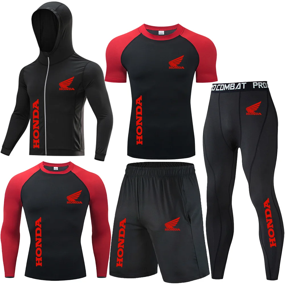 Honda Red Wing Logo Compression Sports Five-Piece Set Men's Gym Tight-Fitting Set Training Breathable Set, Sports Set Men's Coat