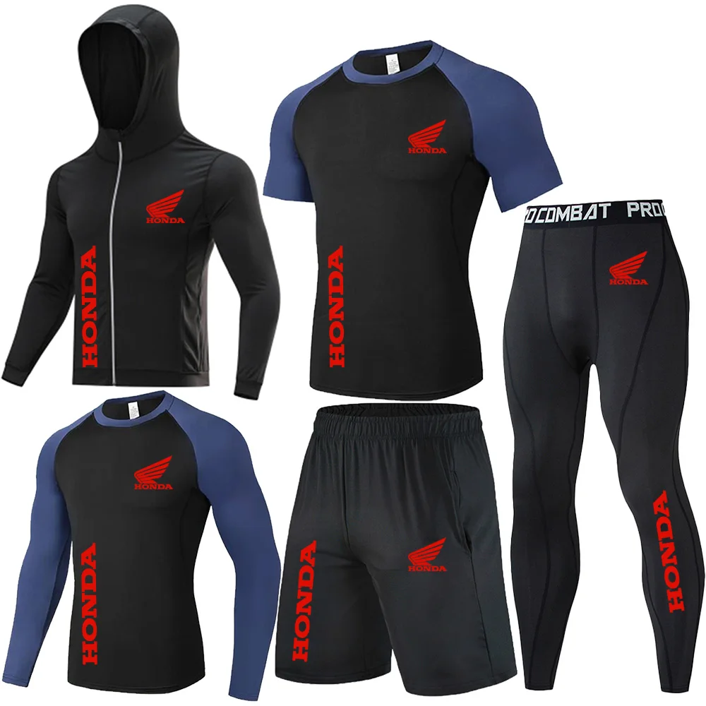 Honda Red Wing Logo Compression Sports Five-Piece Set Men's Gym Tight-Fitting Set Training Breathable Set, Sports Set Men's Coat
