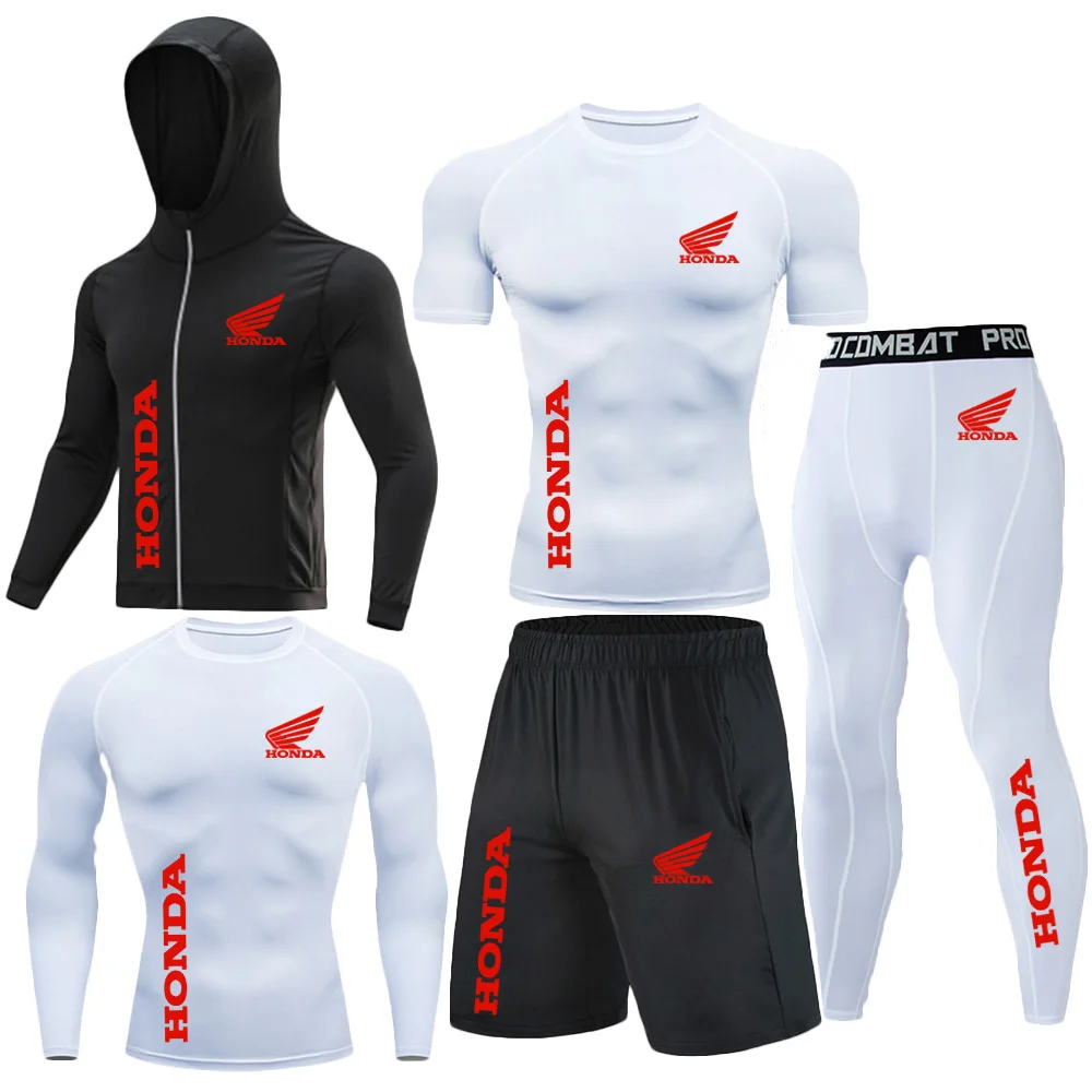 Honda Red Wing Logo Compression Sports Five-Piece Set Men's Gym Tight-Fitting Set Training Breathable Set, Sports Set Men's Coat