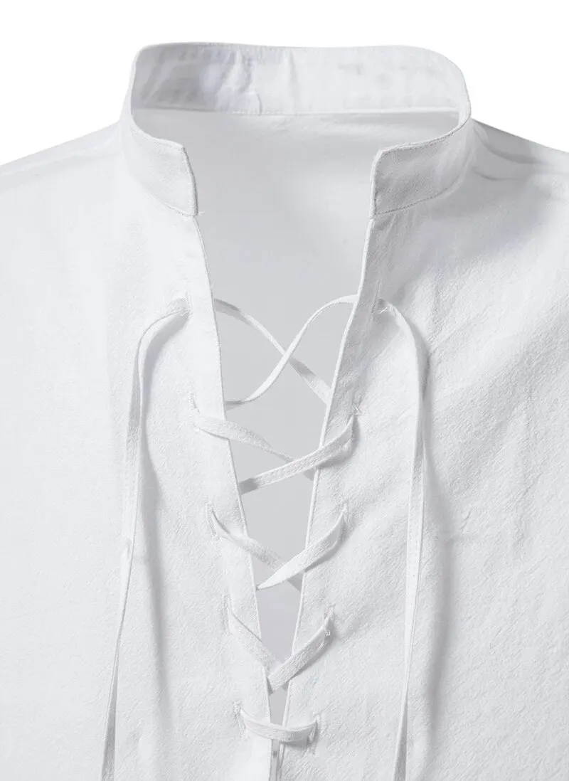 Kral Milyar erkek Gömlek Rahat Erkek Pamuk Keten Uzun Kollu T-shirt Bahar Sonbahar Vintage Gömlek ABD Boyutu İpli Boyun