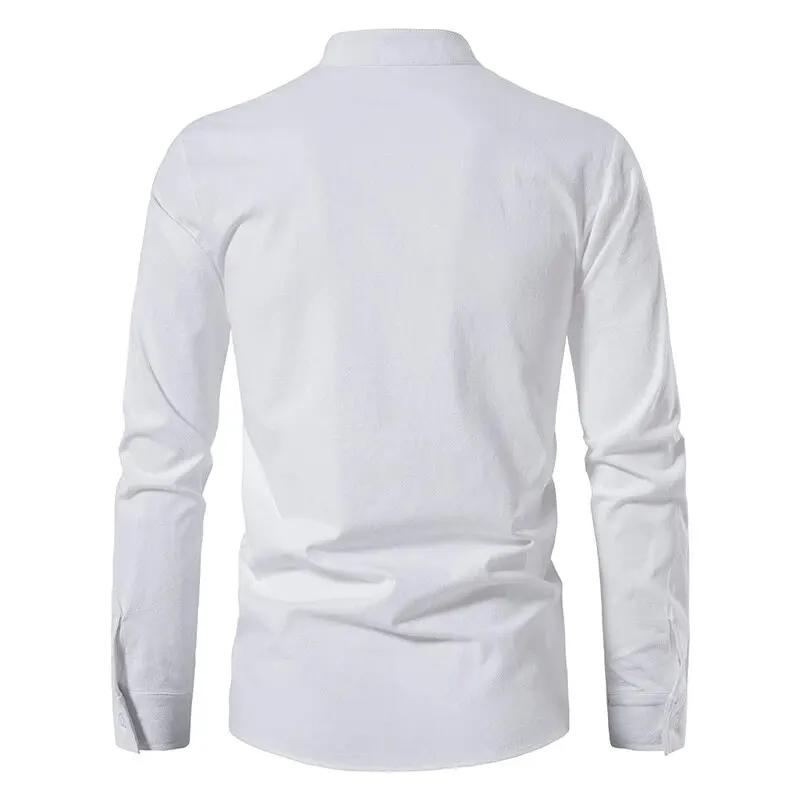 Kral Milyar erkek Gömlek Rahat Erkek Pamuk Keten Uzun Kollu T-shirt Bahar Sonbahar Vintage Gömlek ABD Boyutu İpli Boyun