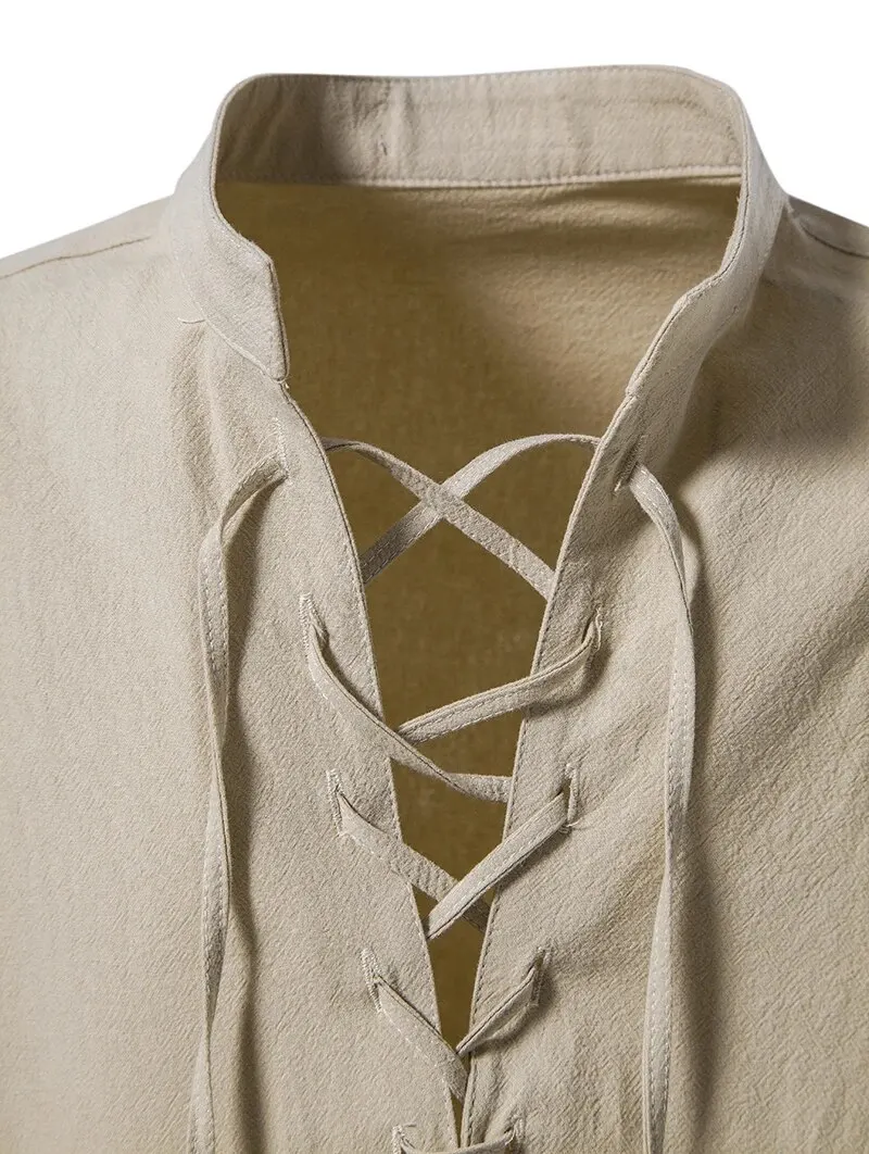 Kral Milyar erkek Gömlek Rahat Erkek Pamuk Keten Uzun Kollu T-shirt Bahar Sonbahar Vintage Gömlek ABD Boyutu İpli Boyun