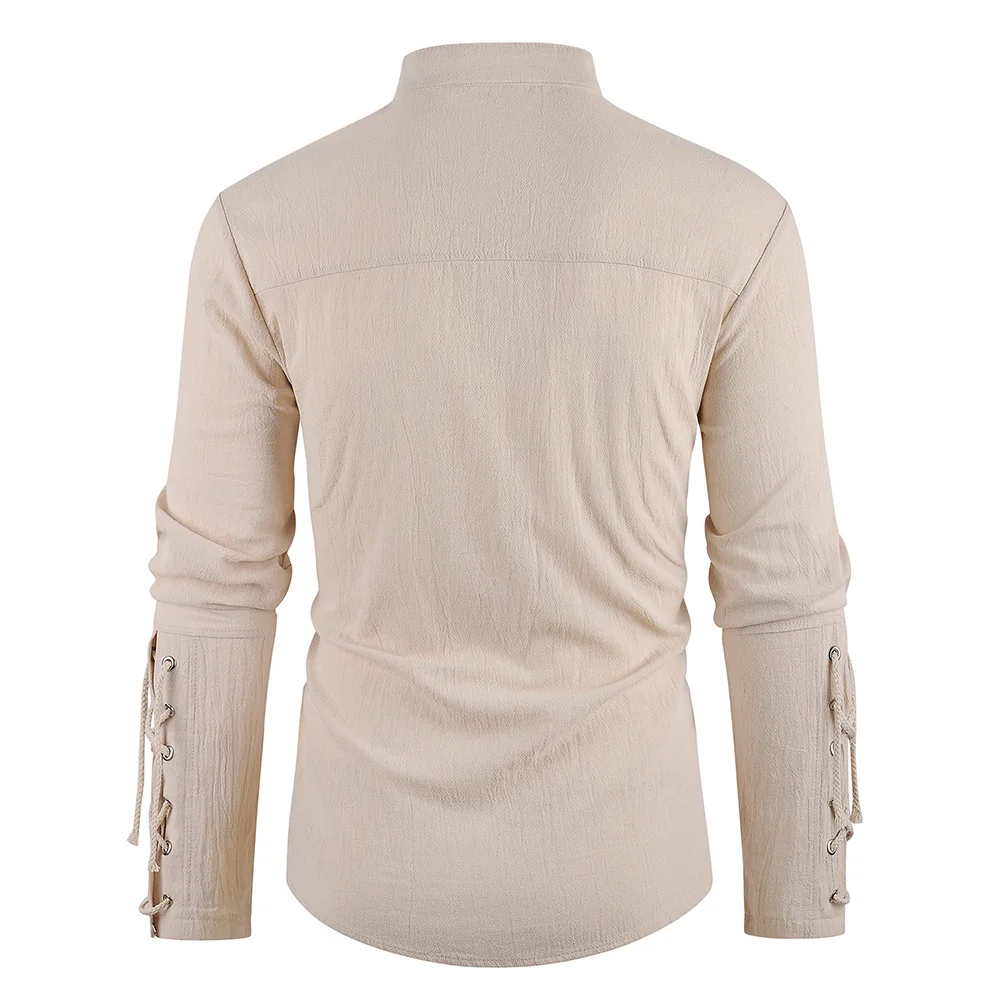 Erkek ortaçağ korsan elbise şık streetwear cadılar bayramı gotik tarzı v yaka üstleri düz renk pamuk keten nefes alabilen tişört