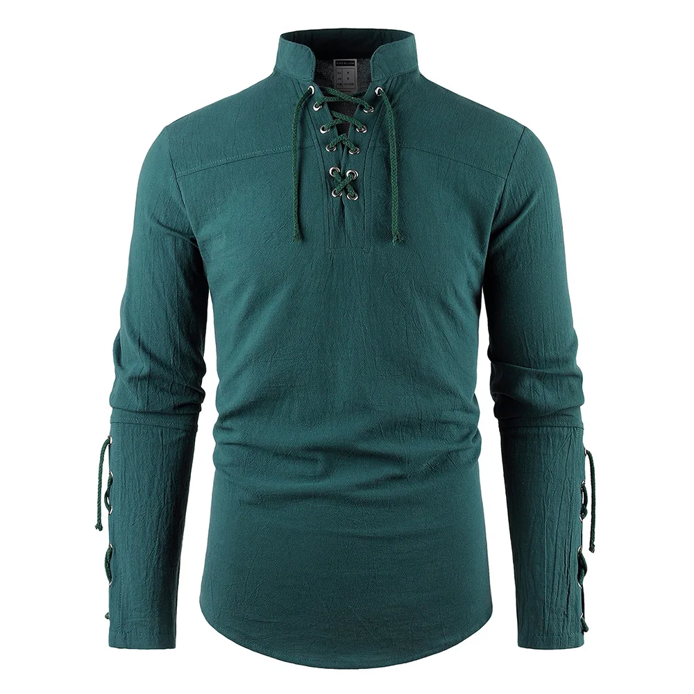 Erkek ortaçağ korsan elbise şık streetwear cadılar bayramı gotik tarzı v yaka üstleri düz renk pamuk keten nefes alabilen tişört