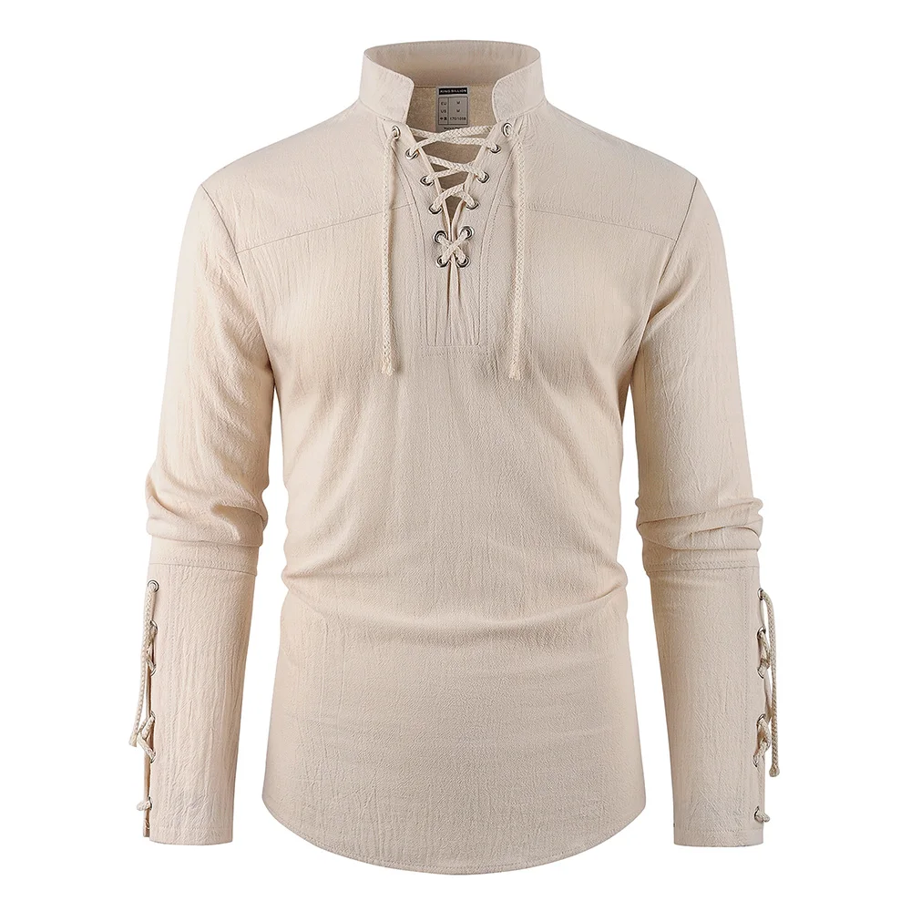 Erkek ortaçağ korsan elbise şık streetwear cadılar bayramı gotik tarzı v yaka üstleri düz renk pamuk keten nefes alabilen tişört