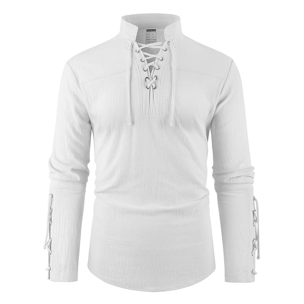 Erkek ortaçağ korsan elbise şık streetwear cadılar bayramı gotik tarzı v yaka üstleri düz renk pamuk keten nefes alabilen tişört