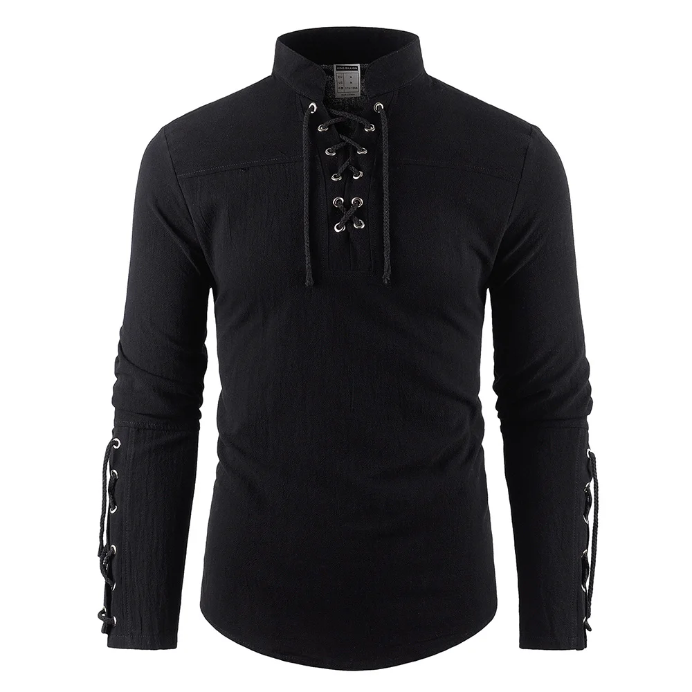 Erkek ortaçağ korsan elbise şık streetwear cadılar bayramı gotik tarzı v yaka üstleri düz renk pamuk keten nefes alabilen tişört