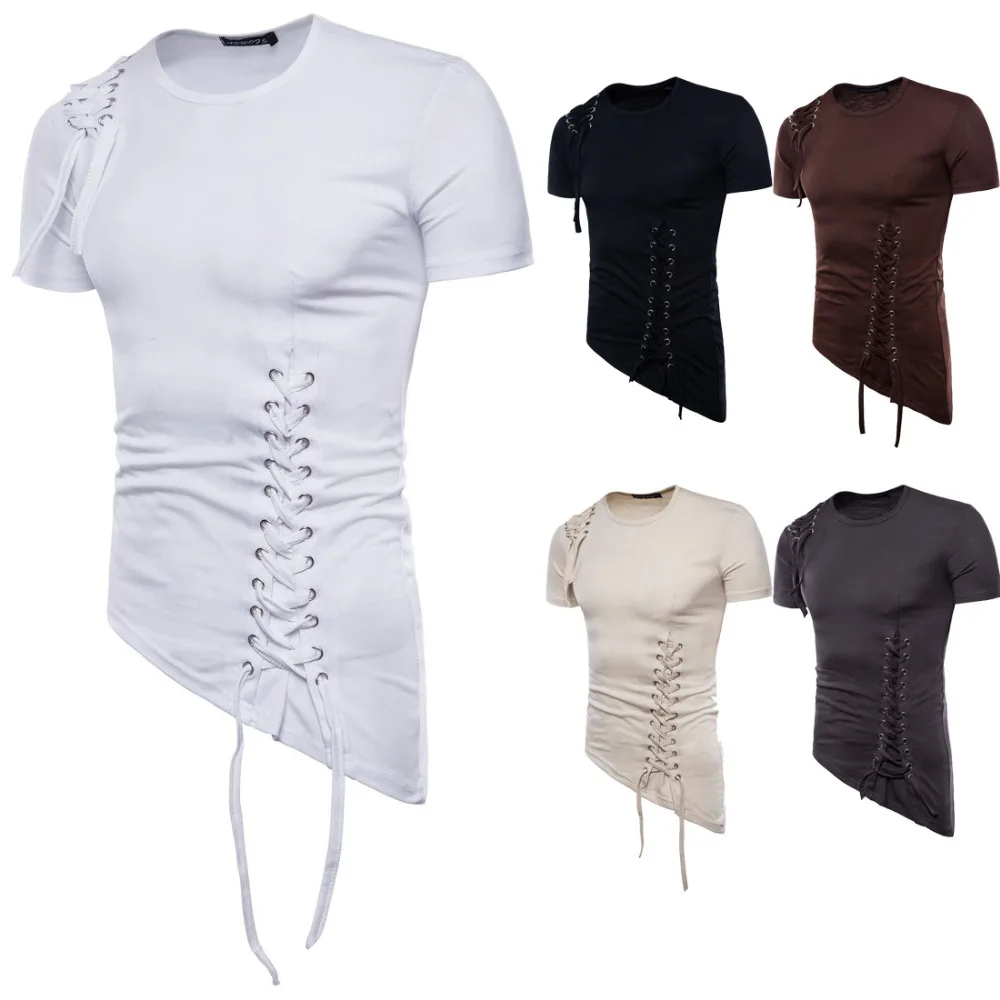 Erkekler Düzensiz Tasarım Hip Hop Punk T Gömlek Üstleri Bağlama Slim Fit Tee Gömlek Erkekler Gotik Tarzı Tee Gömlek Gece Kulübü Sahne Kostüm