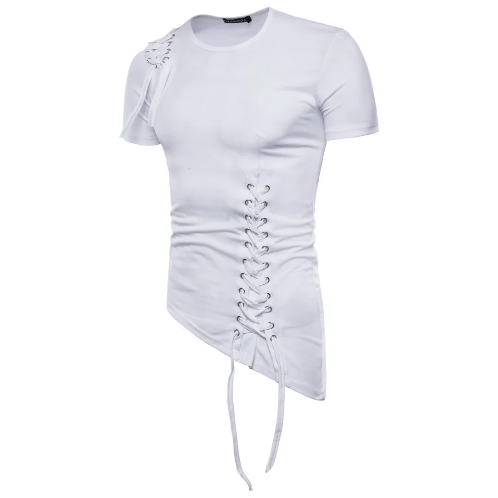 Erkekler Düzensiz Tasarım Hip Hop Punk T Gömlek Üstleri Bağlama Slim Fit Tee Gömlek Erkekler Gotik Tarzı Tee Gömlek Gece Kulübü Sahne Kostüm