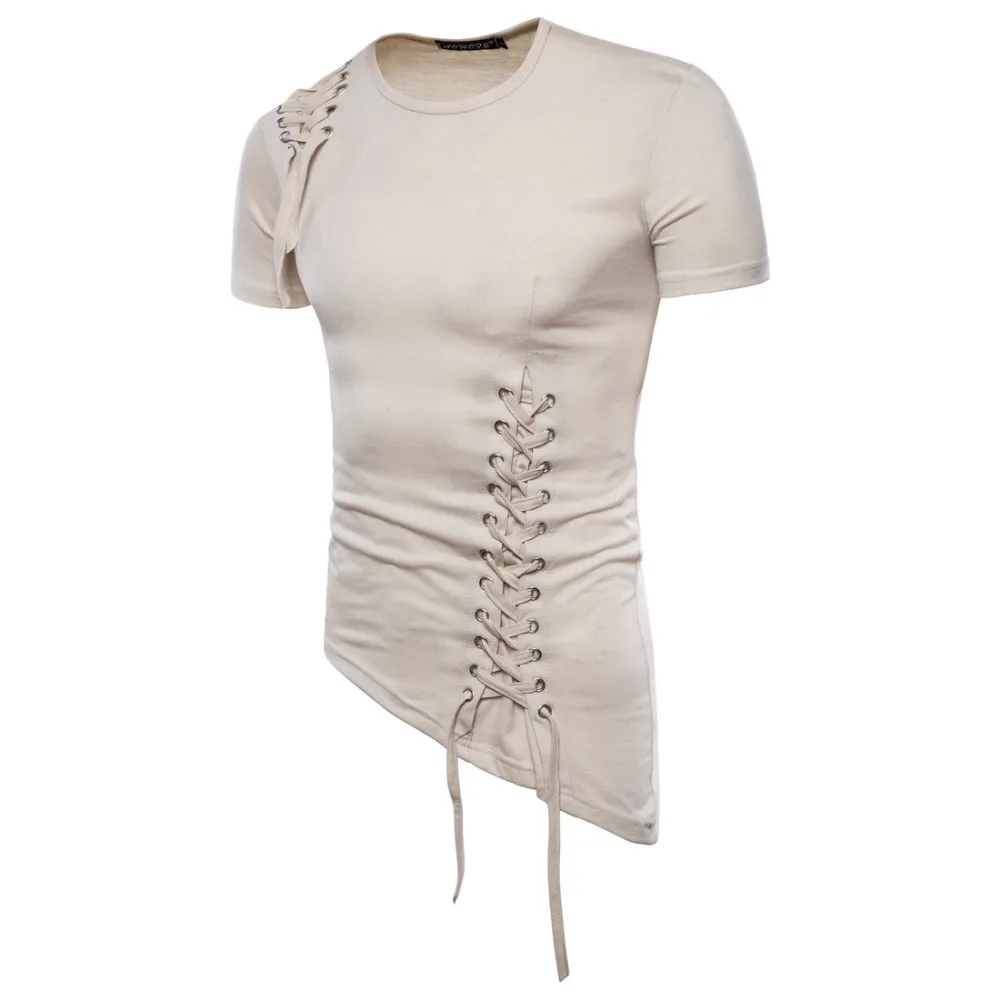 Erkekler Düzensiz Tasarım Hip Hop Punk T Gömlek Üstleri Bağlama Slim Fit Tee Gömlek Erkekler Gotik Tarzı Tee Gömlek Gece Kulübü Sahne Kostüm