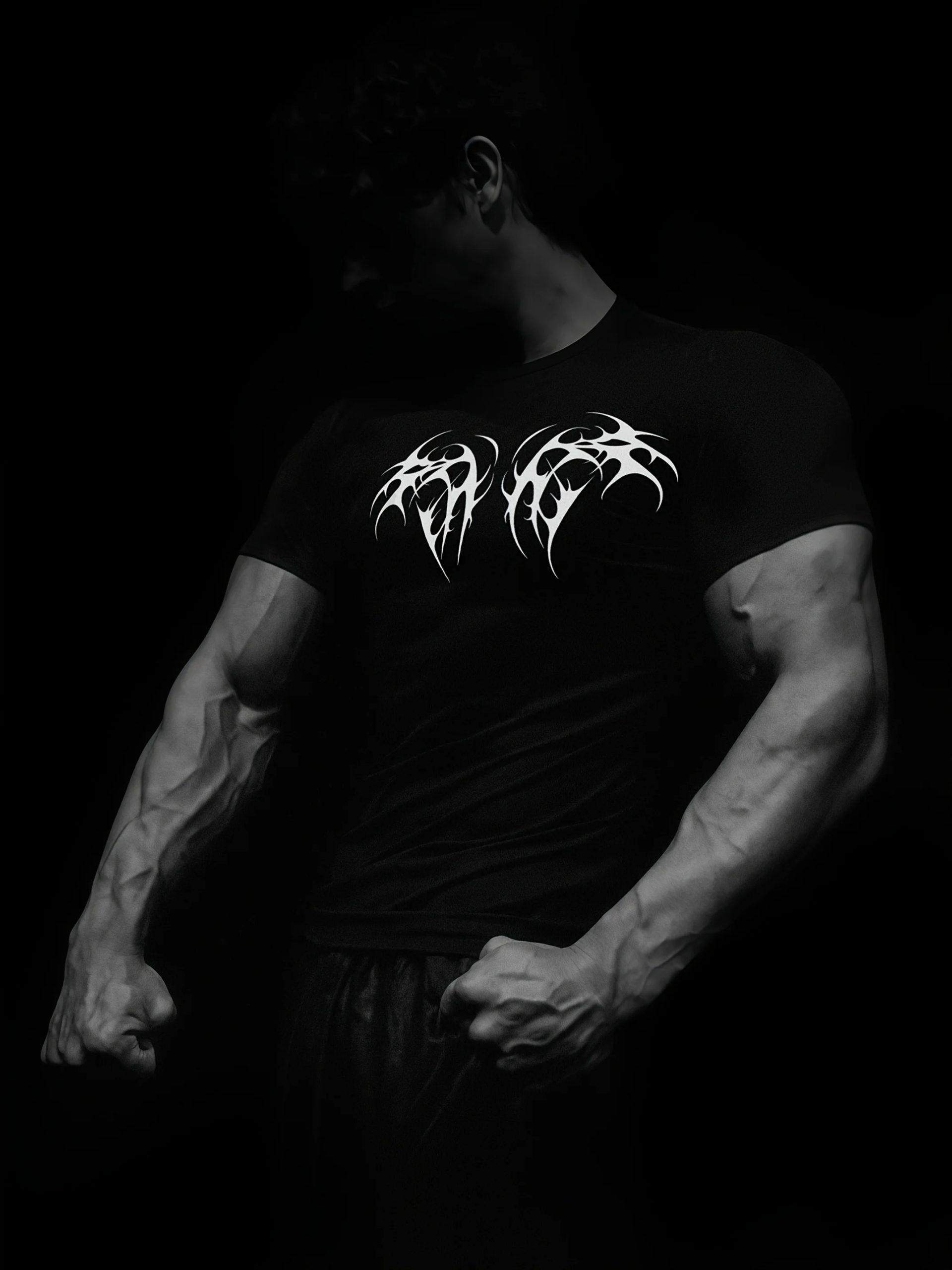 Erkek Gotik Gölge Kanatları Sıkıştırılmış Gömlek - Streç Kumaş, İşlemeli Dövme Sanatı, Fitness ve Fitness Antrenman Üstleri