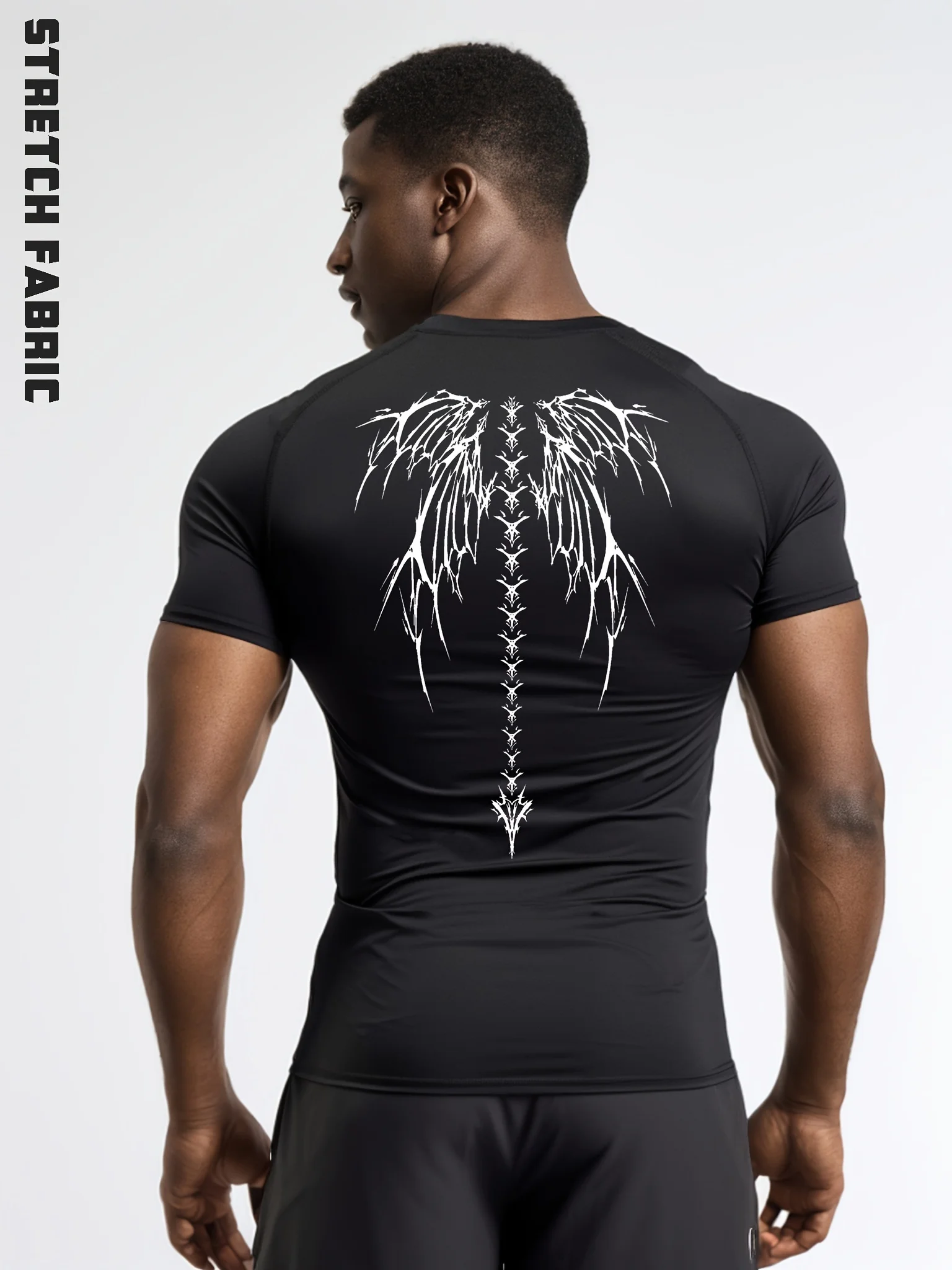 Erkek Gotik Gölge Kanatları Sıkıştırılmış Gömlek - Streç Kumaş, İşlemeli Dövme Sanatı, Fitness ve Fitness Antrenman Üstleri