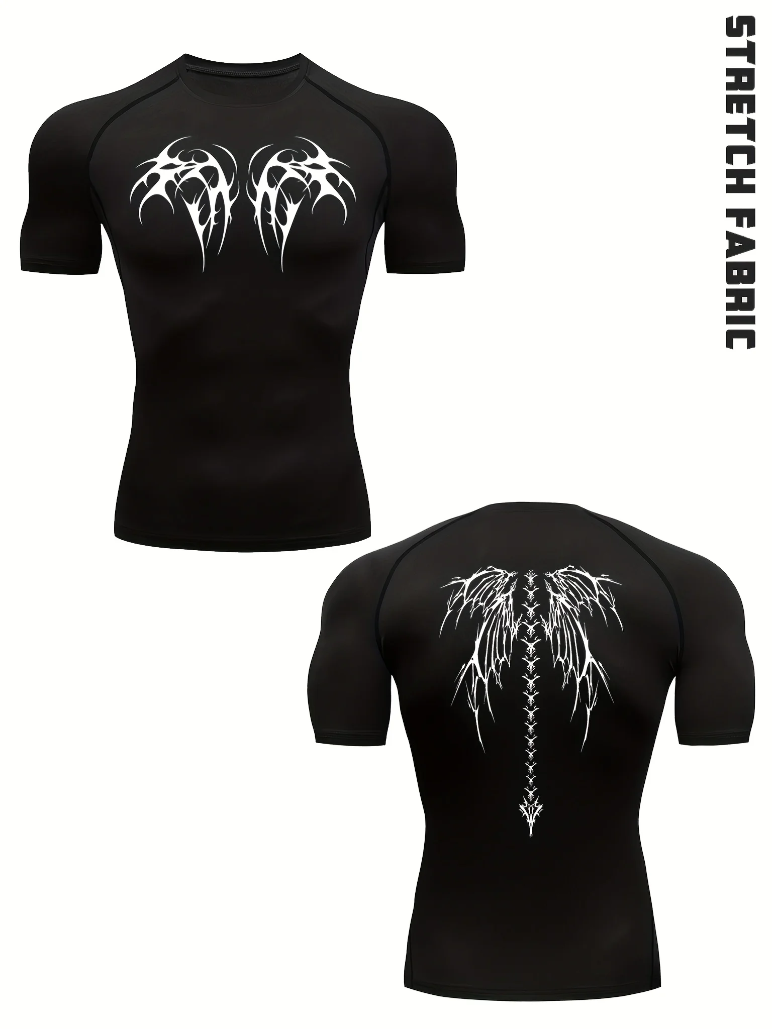 Erkek Gotik Gölge Kanatları Sıkıştırılmış Gömlek - Streç Kumaş, İşlemeli Dövme Sanatı, Fitness ve Fitness Antrenman Üstleri