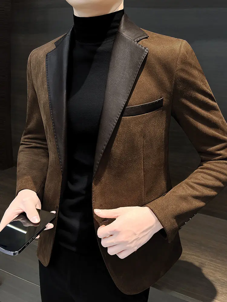 İlkbahar Sonbahar Moda Uzun Kollu Turn-down Yaka Patchwork Katı Geyik Derisi Blazers erkek Giyim Kore Cepler Düğme Üstleri