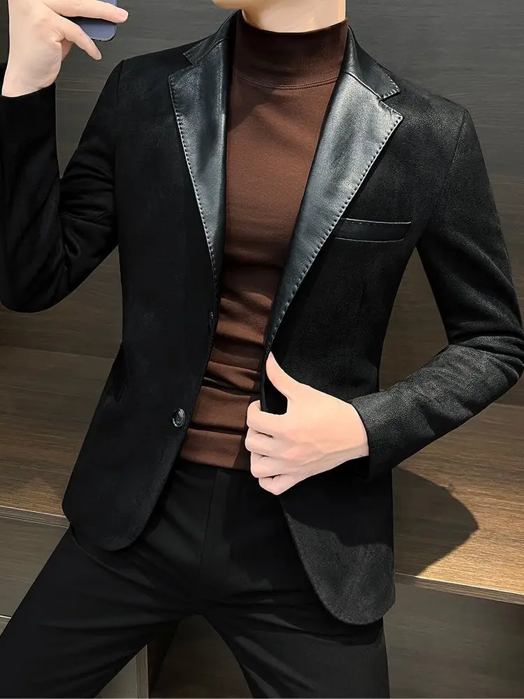 İlkbahar Sonbahar Moda Uzun Kollu Turn-down Yaka Patchwork Katı Geyik Derisi Blazers erkek Giyim Kore Cepler Düğme Üstleri