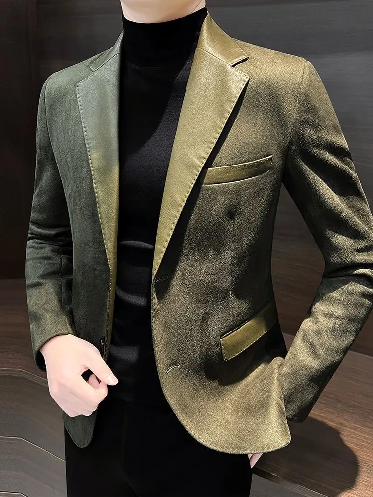 İlkbahar Sonbahar Moda Uzun Kollu Turn-down Yaka Patchwork Katı Geyik Derisi Blazers erkek Giyim Kore Cepler Düğme Üstleri