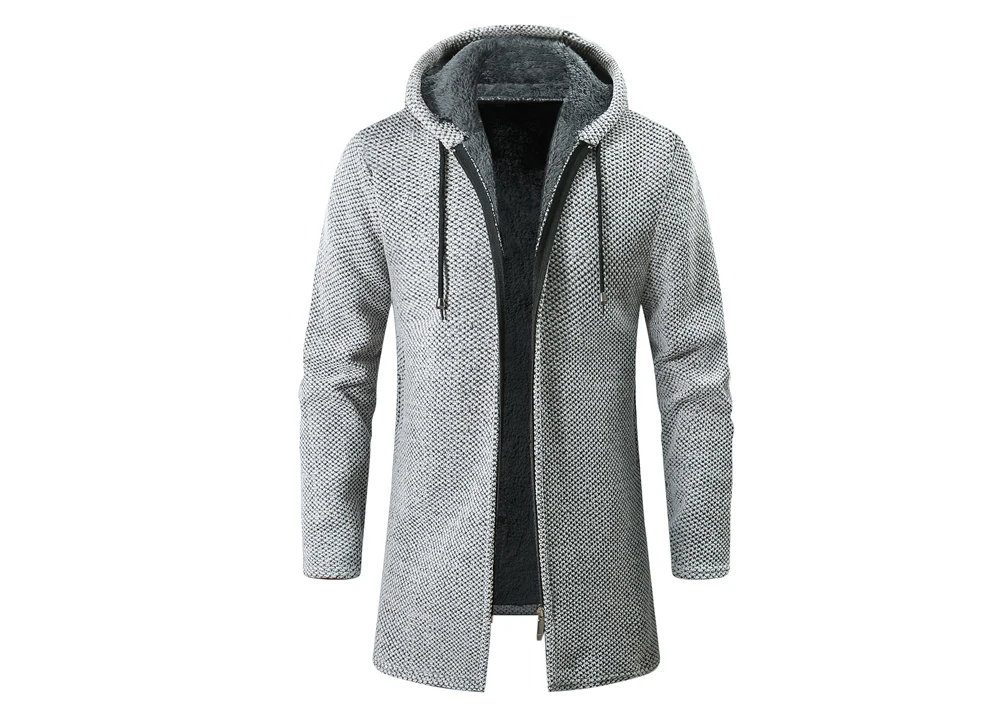 Kış erkekler kazak hırka ceketler moda erkekler polar sıcak kapşonlu kazak mont erkekler orta-uzun termal triko kazak giyim