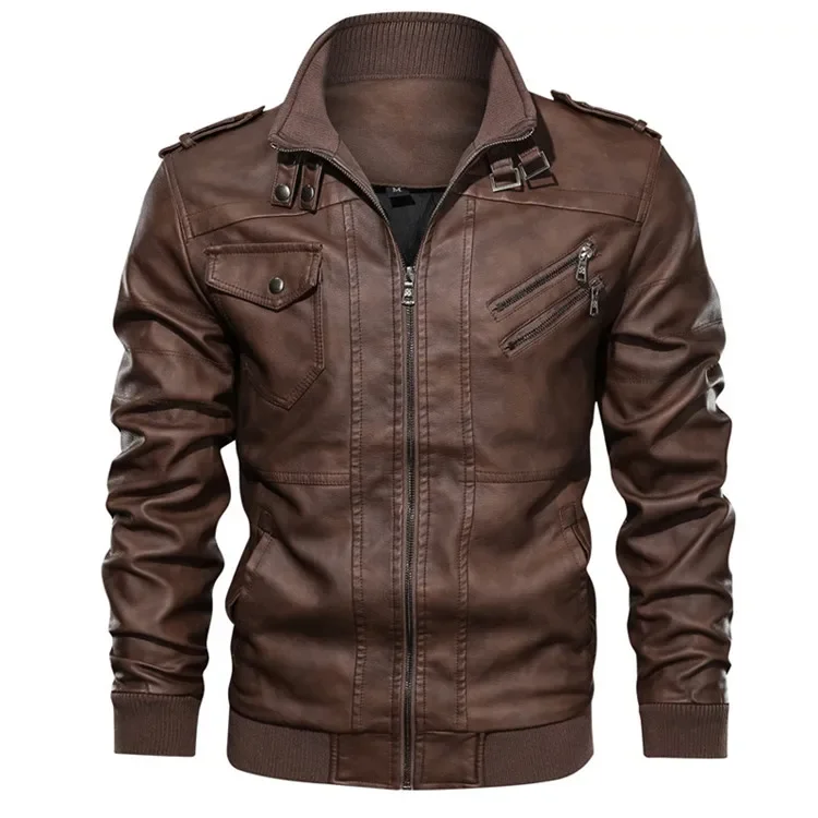 Sonbahar yeni erkek DERİ CEKETLER Trendy rahat motosiklet PU ceket Streetwear düz renk rüzgar geçirmez Biker deri mont