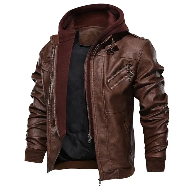 Sonbahar yeni erkek DERİ CEKETLER Trendy rahat motosiklet PU ceket Streetwear düz renk rüzgar geçirmez Biker deri mont
