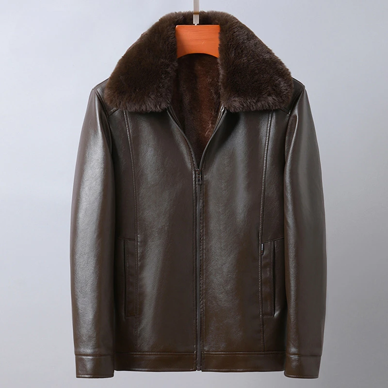 Yeni kış erkekler polar DERİ CEKETLER kürk yaka kaliteli erkek rahat PU deri mont adam yün astar sıcak deri ceket 3XL