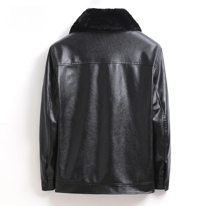 Yeni kış erkekler polar DERİ CEKETLER kürk yaka kaliteli erkek rahat PU deri mont adam yün astar sıcak deri ceket 3XL