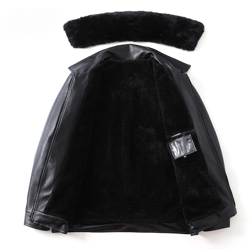 Yeni kış erkekler polar DERİ CEKETLER kürk yaka kaliteli erkek rahat PU deri mont adam yün astar sıcak deri ceket 3XL