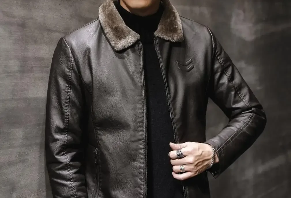 Erkek kalın PU deri ceket kış erkek ceket moda Faux kürk yaka rüzgar geçirmez sıcak tutan kaban rahat iş yaka deri üst