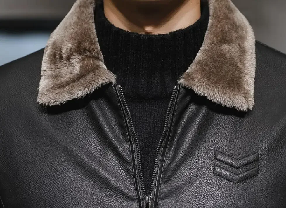 Erkek kalın PU deri ceket kış erkek ceket moda Faux kürk yaka rüzgar geçirmez sıcak tutan kaban rahat iş yaka deri üst