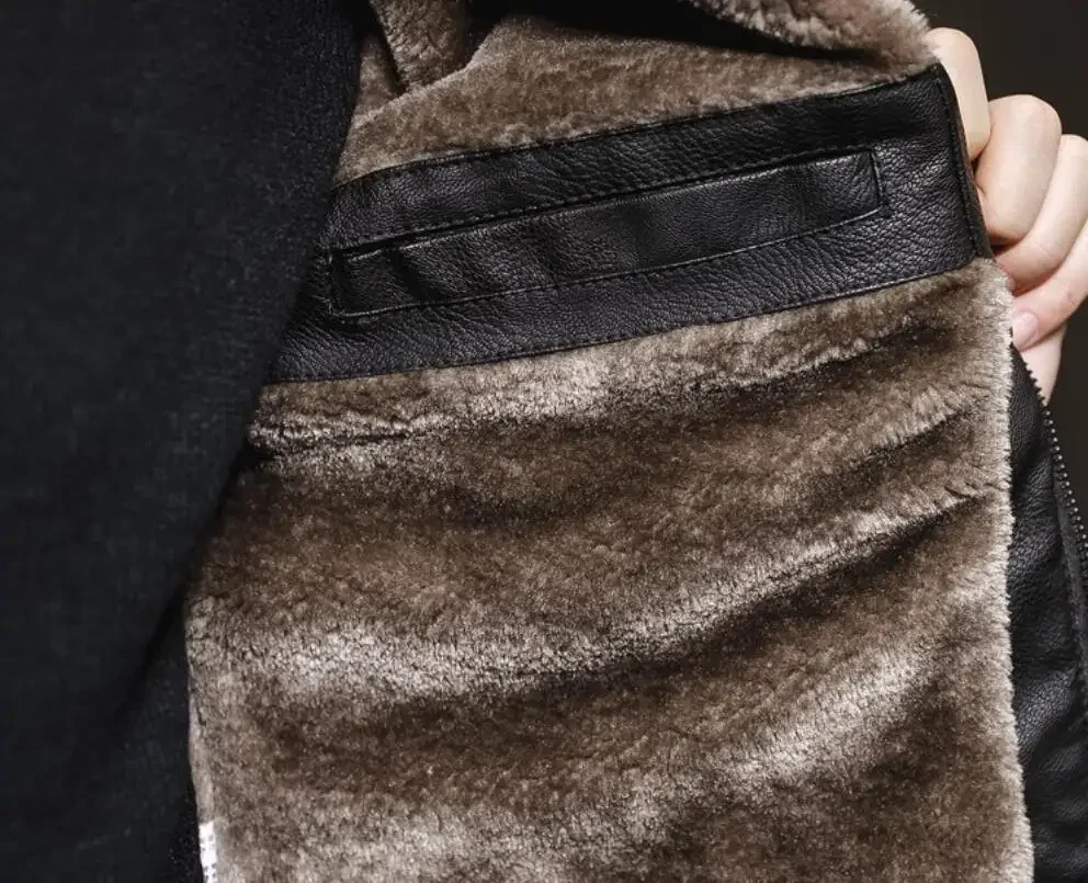 Erkek kalın PU deri ceket kış erkek ceket moda Faux kürk yaka rüzgar geçirmez sıcak tutan kaban rahat iş yaka deri üst