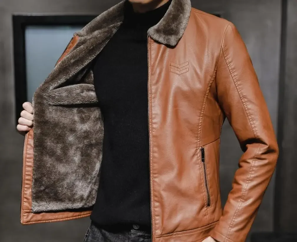 Erkek kalın PU deri ceket kış erkek ceket moda Faux kürk yaka rüzgar geçirmez sıcak tutan kaban rahat iş yaka deri üst