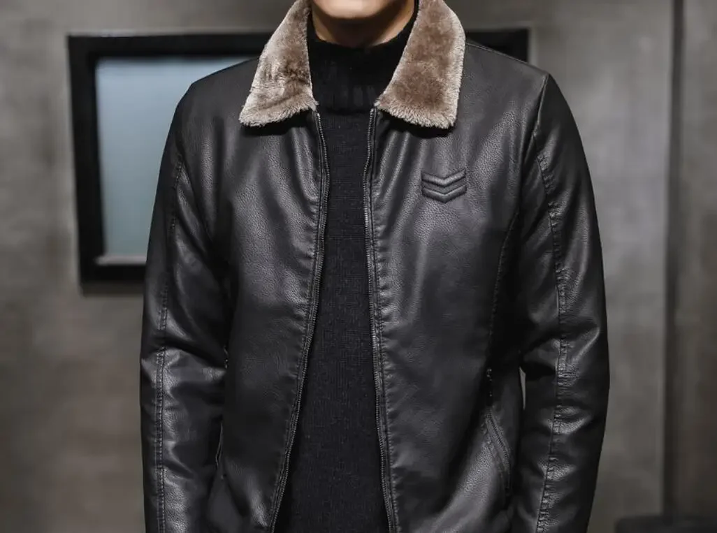 Erkek kalın PU deri ceket kış erkek ceket moda Faux kürk yaka rüzgar geçirmez sıcak tutan kaban rahat iş yaka deri üst