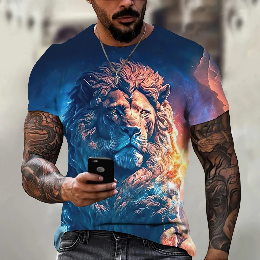 Yaz Retro tişört hayvan aslan 3d baskı moda kısa kollu üstleri boy giyim kazak spor T Shirt erkekler için