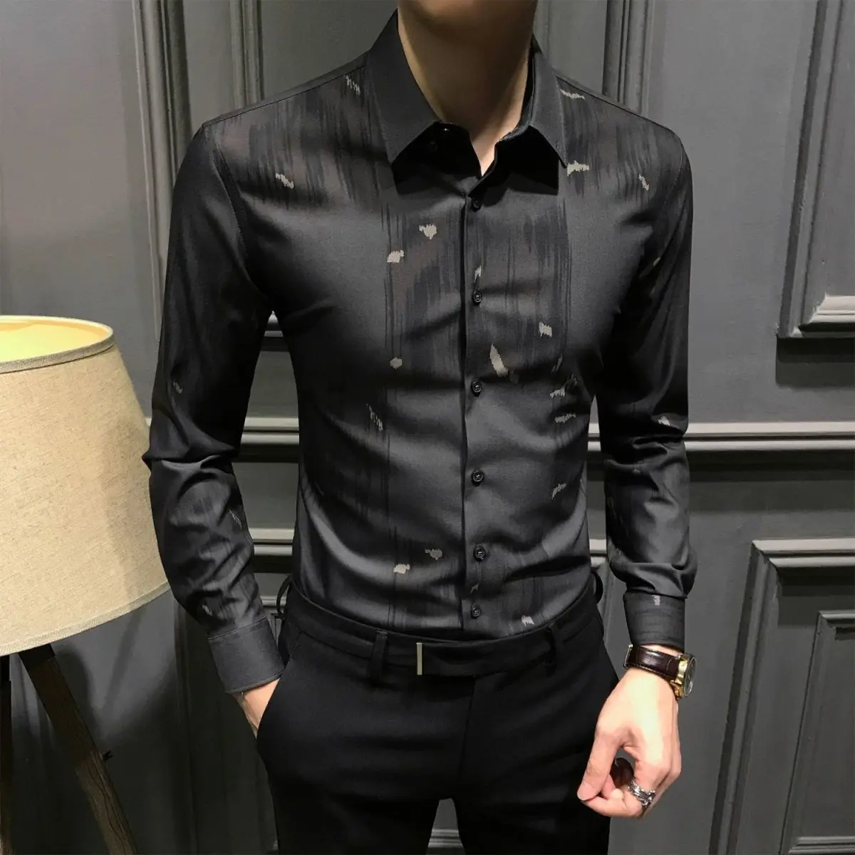 Vintage Düğmeli Turn-down Yaka Gömlek Erkek İlkbahar Sonbahar Moda Düz Renk Uzun Kollu Gömlek Erkek Giysileri Rahat Gömlek