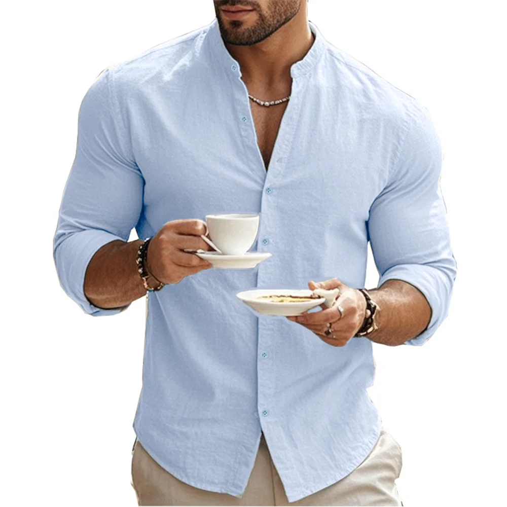 Erkek Henry Gömlek Pamuk Keten Slim Fit Nedensel Hawaii Düz Renk Temel Tarzı İlkbahar Yaz Nefes Erkek Giyim