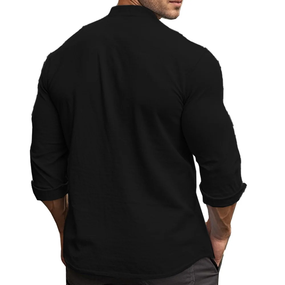 Erkek Henry Gömlek Pamuk Keten Slim Fit Nedensel Hawaii Düz Renk Temel Tarzı İlkbahar Yaz Nefes Erkek Giyim