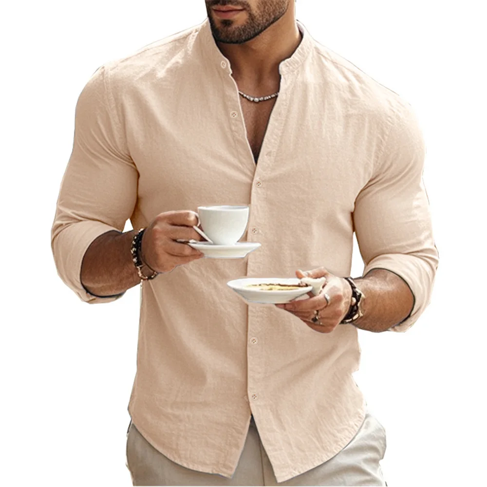 Erkek Henry Gömlek Pamuk Keten Slim Fit Nedensel Hawaii Düz Renk Temel Tarzı İlkbahar Yaz Nefes Erkek Giyim