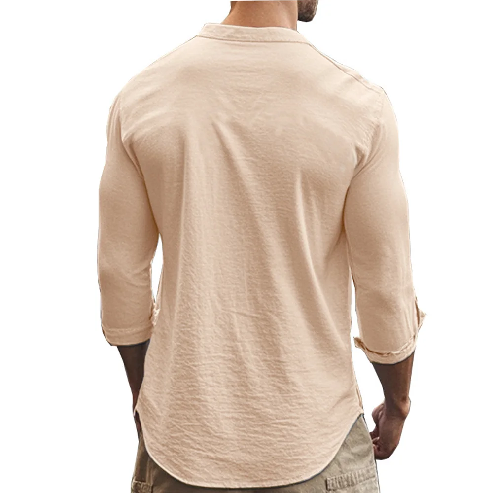 Erkek Henry Gömlek Pamuk Keten Slim Fit Nedensel Hawaii Düz Renk Temel Tarzı İlkbahar Yaz Nefes Erkek Giyim