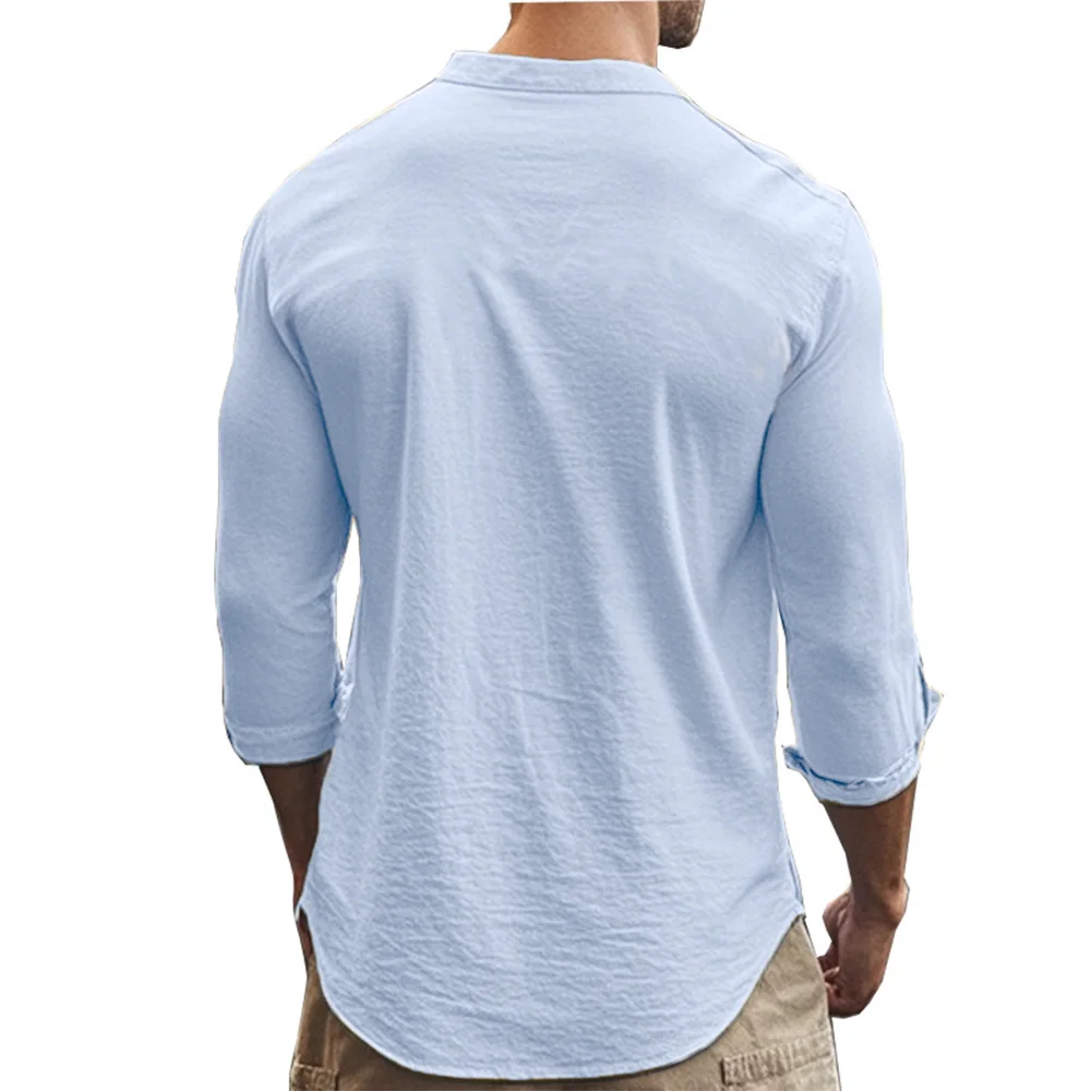 Erkek Henry Gömlek Pamuk Keten Slim Fit Nedensel Hawaii Düz Renk Temel Tarzı İlkbahar Yaz Nefes Erkek Giyim