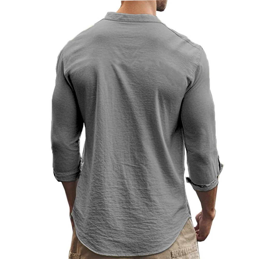 Erkek Henry Gömlek Pamuk Keten Slim Fit Nedensel Hawaii Düz Renk Temel Tarzı İlkbahar Yaz Nefes Erkek Giyim