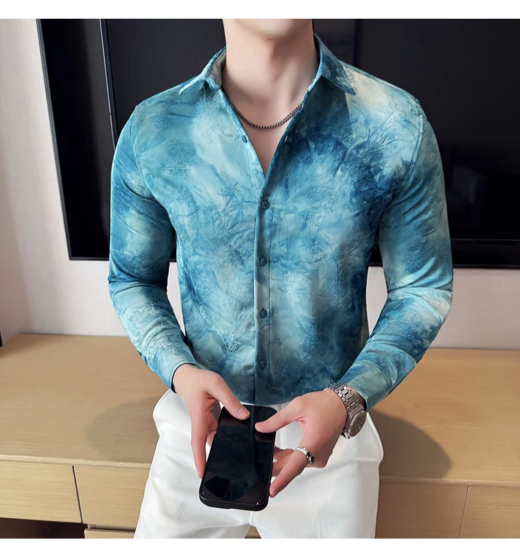 2025 Yeni Sanatsal Batik Uzun Kollu Gömlek Erkekler için Yüksek Kaliteli Rahat Ince Sosyal Gömlek Çok Yönlü Sokak Giyim erkek Giyim