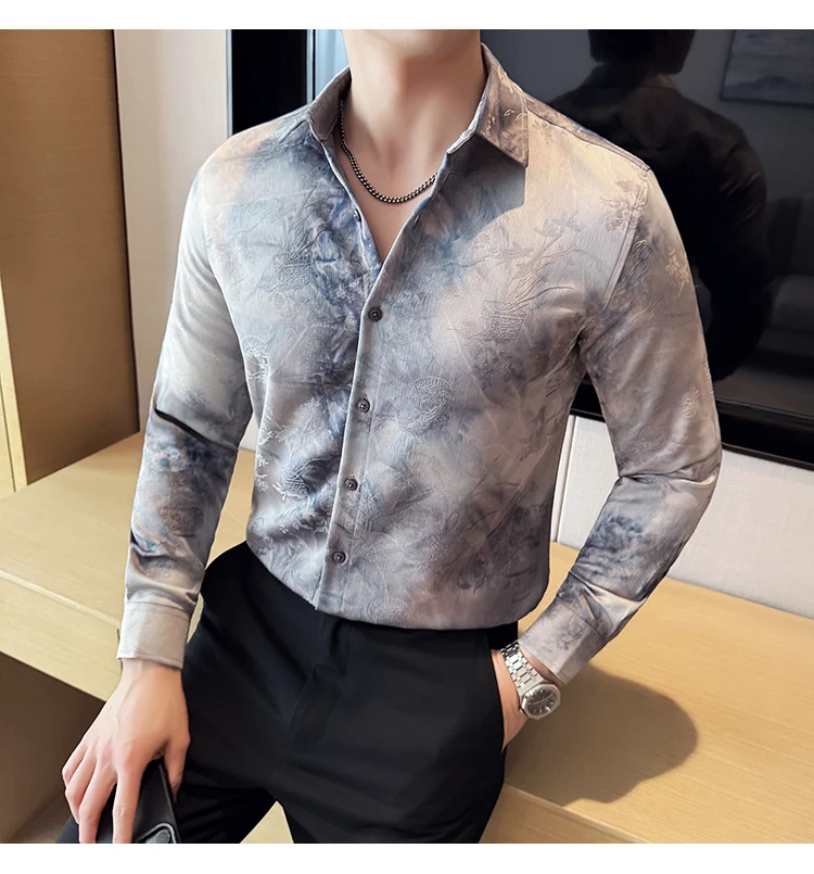 2025 Yeni Sanatsal Batik Uzun Kollu Gömlek Erkekler için Yüksek Kaliteli Rahat Ince Sosyal Gömlek Çok Yönlü Sokak Giyim erkek Giyim