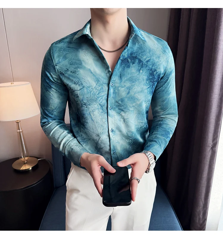 2025 Yeni Sanatsal Batik Uzun Kollu Gömlek Erkekler için Yüksek Kaliteli Rahat Ince Sosyal Gömlek Çok Yönlü Sokak Giyim erkek Giyim