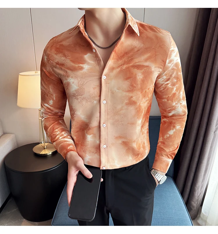 2025 Yeni Sanatsal Batik Uzun Kollu Gömlek Erkekler için Yüksek Kaliteli Rahat Ince Sosyal Gömlek Çok Yönlü Sokak Giyim erkek Giyim