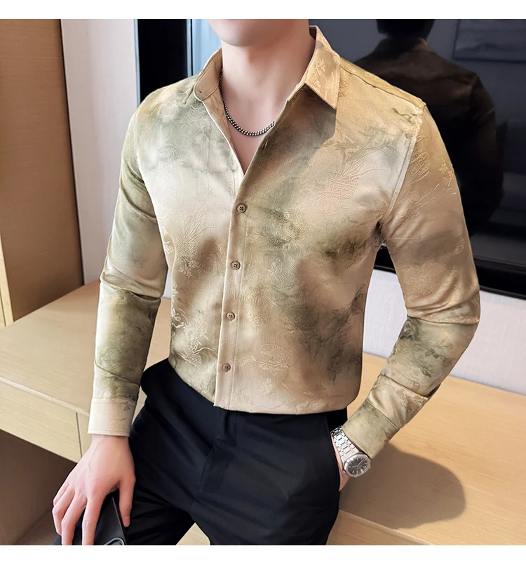 2025 Yeni Sanatsal Batik Uzun Kollu Gömlek Erkekler için Yüksek Kaliteli Rahat Ince Sosyal Gömlek Çok Yönlü Sokak Giyim erkek Giyim