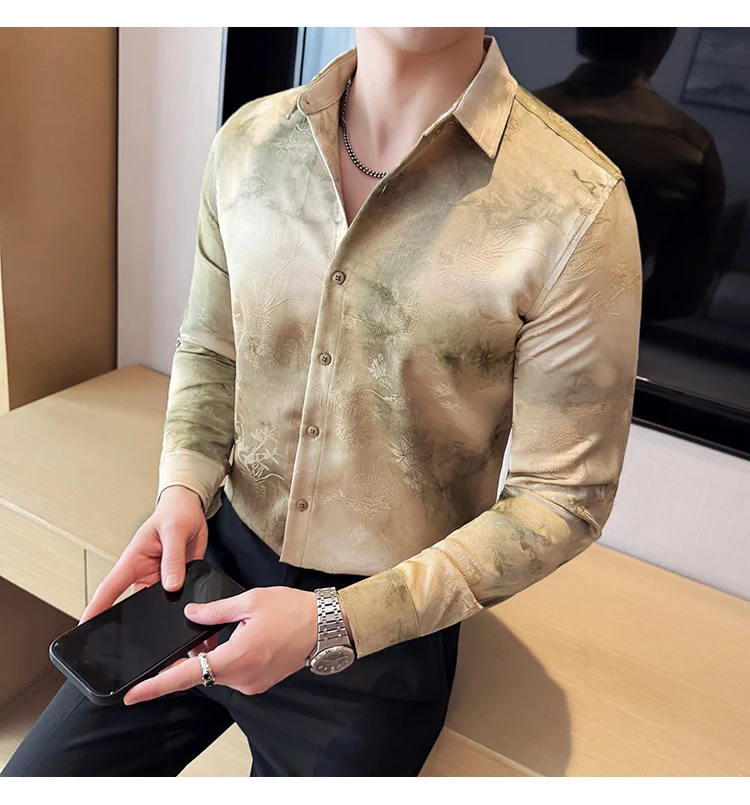 2025 Yeni Sanatsal Batik Uzun Kollu Gömlek Erkekler için Yüksek Kaliteli Rahat Ince Sosyal Gömlek Çok Yönlü Sokak Giyim erkek Giyim