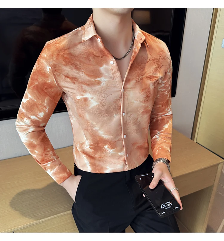 2025 Yeni Sanatsal Batik Uzun Kollu Gömlek Erkekler için Yüksek Kaliteli Rahat Ince Sosyal Gömlek Çok Yönlü Sokak Giyim erkek Giyim